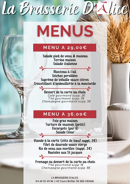 menu 1 of La Brasserie d'Alice
