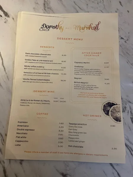 menu 2 of Dorothy and Marshall