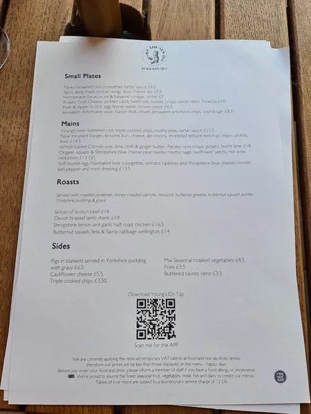 menu 0 of The New Inn Ealing