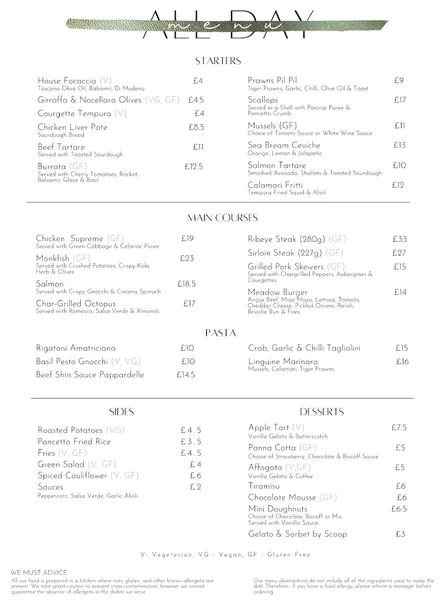 menu 0 of Meadow Restaurant