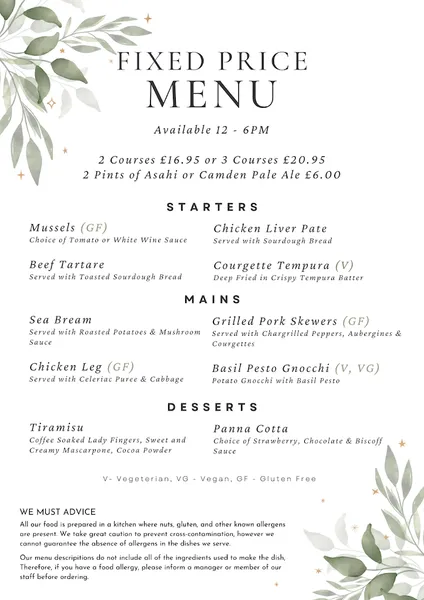 menu 1 of Meadow Restaurant