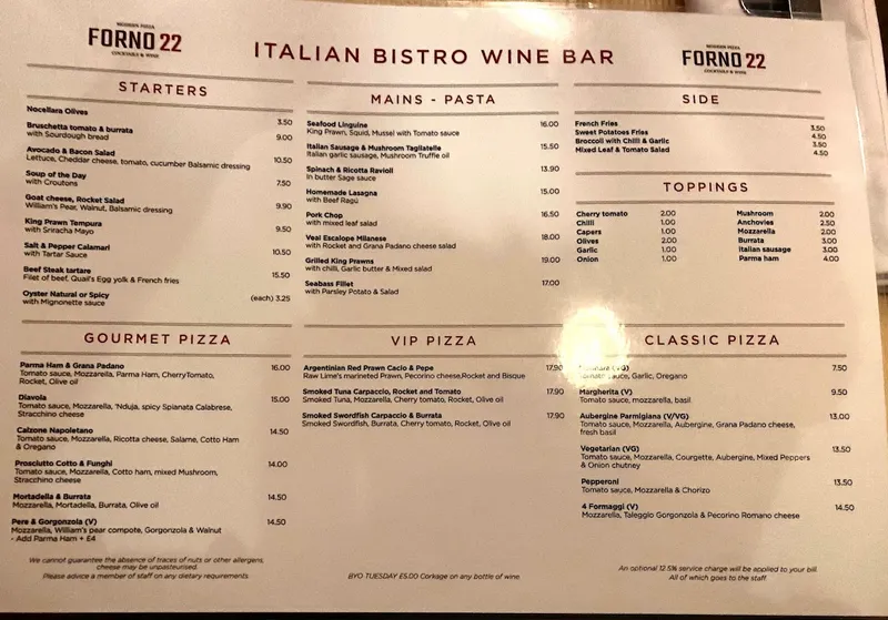 menu 0 of Forno22 Italian bistro & Wine Bar