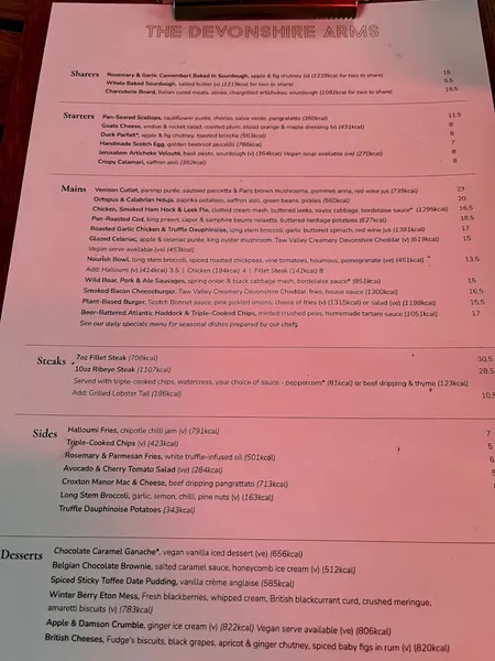 menu 0 of Devonshire Arms Kensington