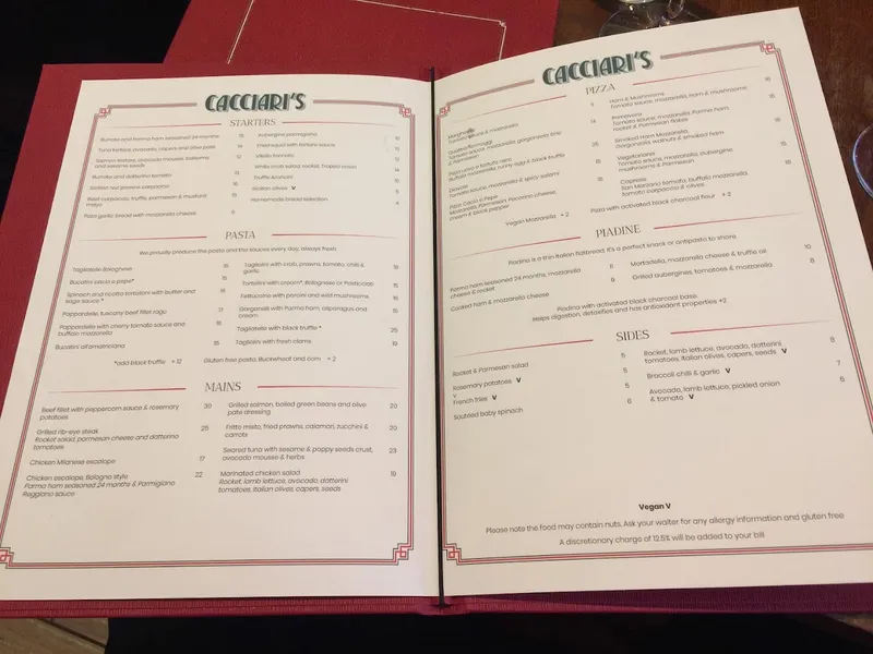 menu 0 of Cacciari's South Kensington