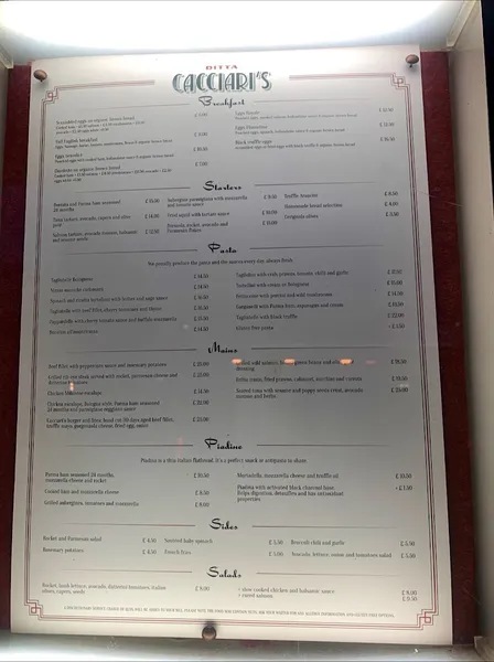 menu 1 of Cacciari's South Kensington