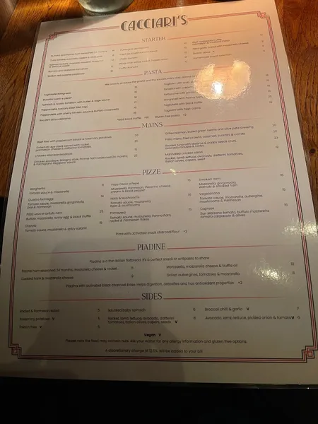 menu 2 of Cacciari's South Kensington