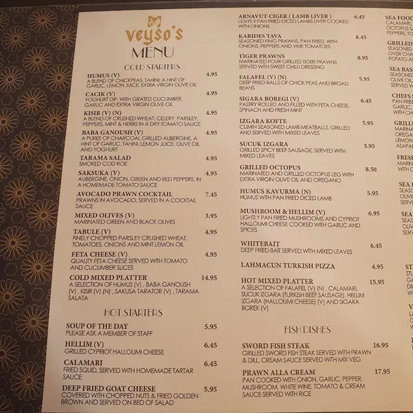 menu 0 of Veyso's Romford Restaurant