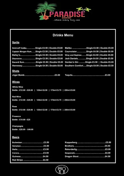 menu 0 of Paradise Romford