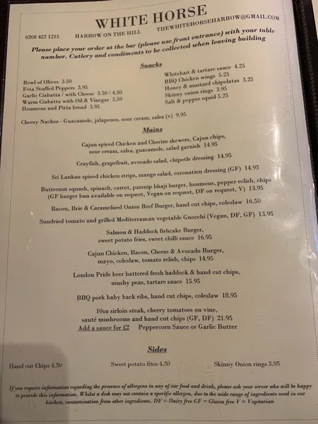 menu 2 of The White Horse