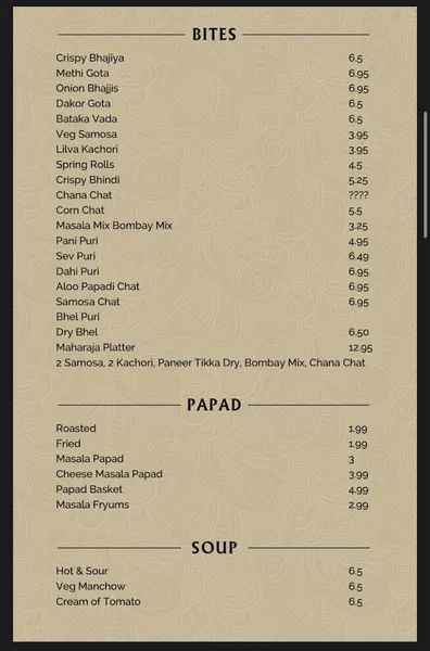 menu 2 of The maharaja