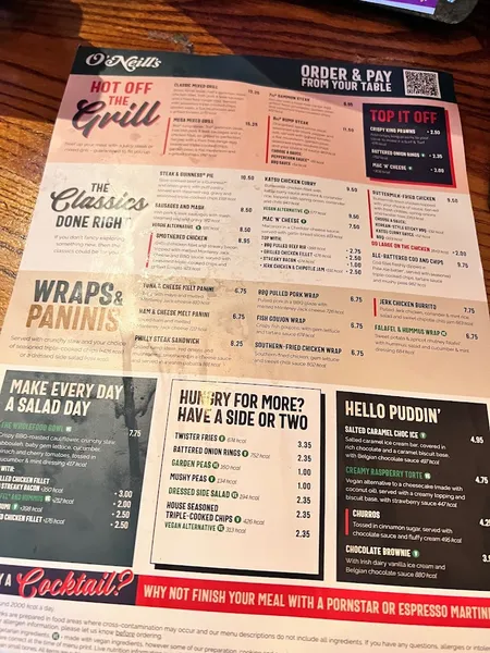 menu 0 of O'Neill's Enfield