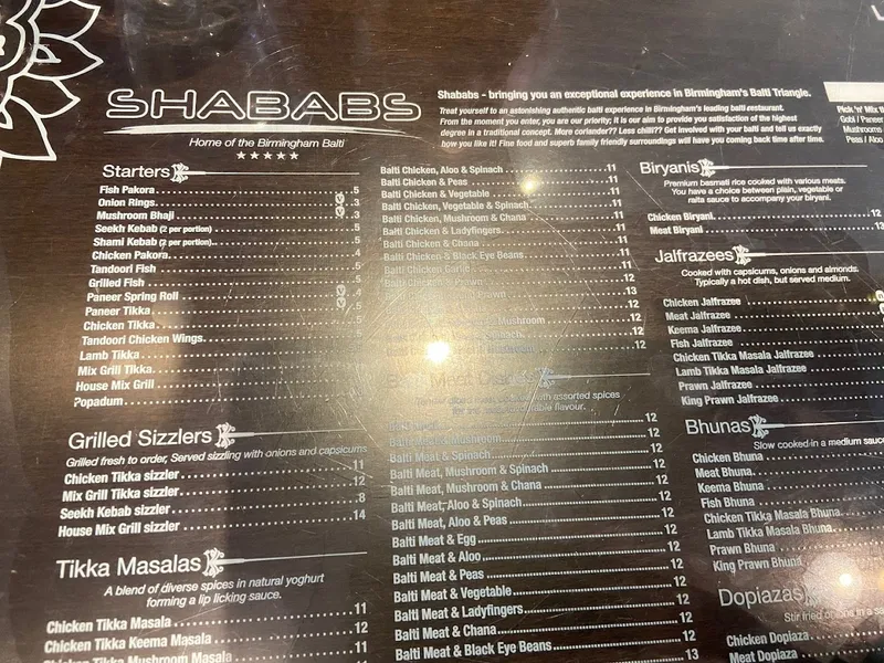 menu 1 of Shababs Balti Restaurant