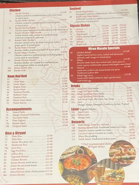 menu 1 of Miran Masala (Indian/Punjabi/Pakistani/Desi) Kensington Olympia