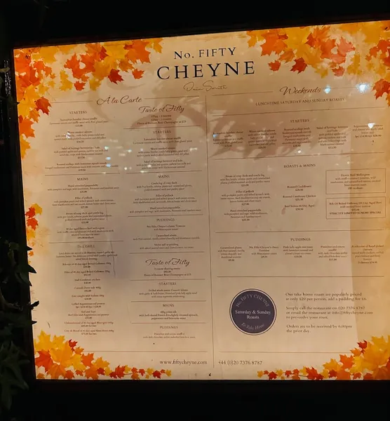 menu 2 of No. Fifty Cheyne