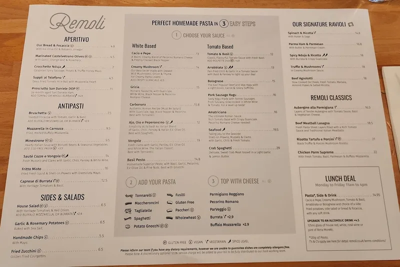 menu 2 of Pasta Remoli Ealing Broadway