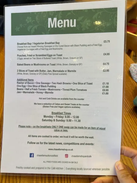 menu 0 of Chase Farm Cafe