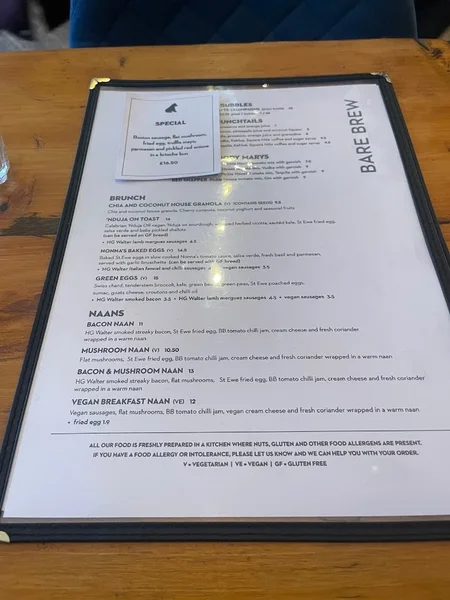 menu 1 of Bare Brew
