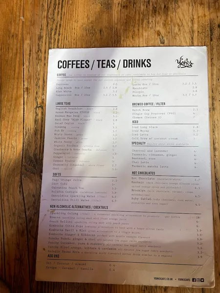 menu 1 of Yorks Cafe & Coffee Roasters