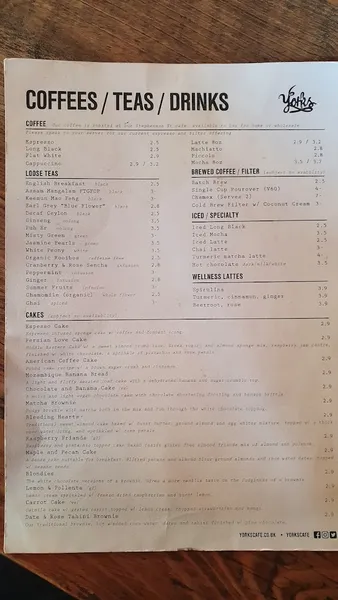 menu 2 of Yorks Cafe & Coffee Roasters