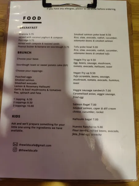 menu 0 of The Wilds Cafe