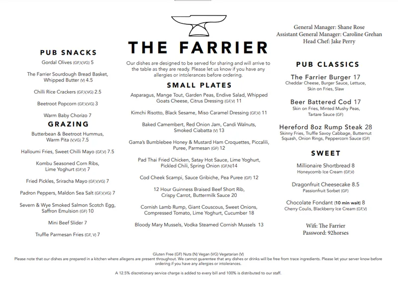 menu 0 of The Farrier Pub, Restaurant & Wine Store