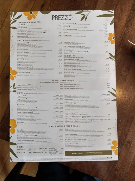 menu 0 of Prezzo Italian Restaurant Hornchurch