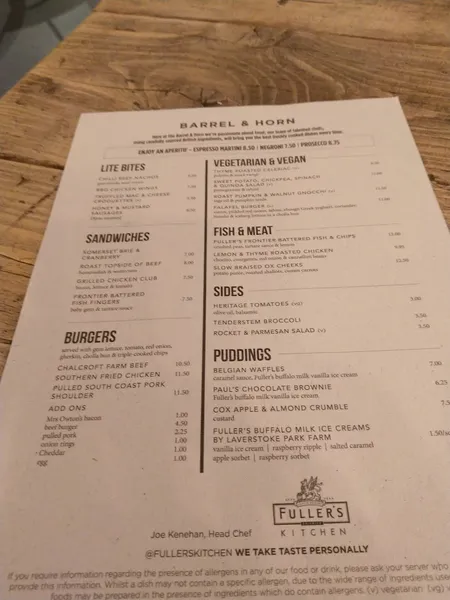 menu 2 of The Barrel & Horn, Bromley