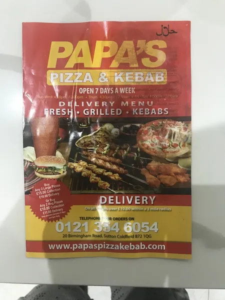 menu 0 of Papa's Pizza And Kebab