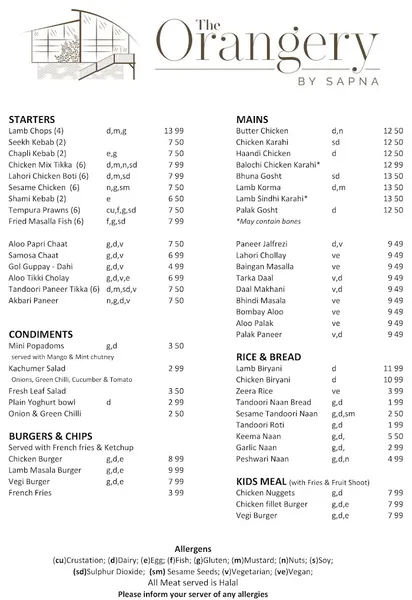 menu 1 of The Orangery by Sapna