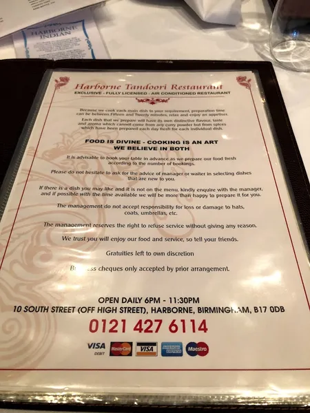 menu 2 of Harborne Tandoori Restaurant