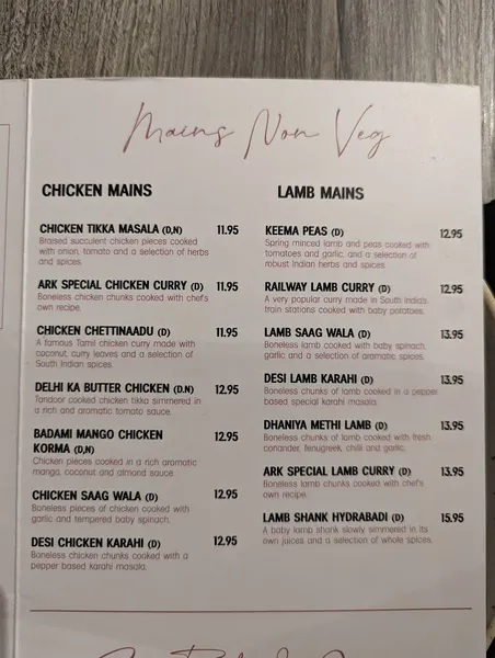 menu 0 of The ARK Birmingham