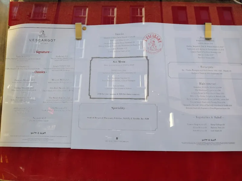 menu 2 of L'Escargot Restaurant