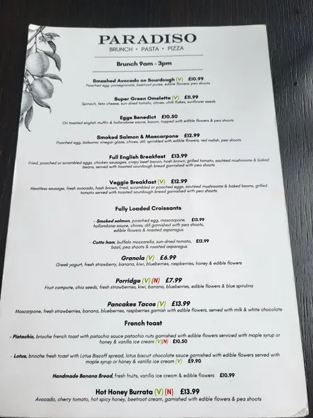 menu 0 of Paradiso Pizzeria Jewellery Quarter