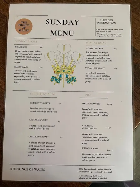 menu 2 of The Prince of Wales