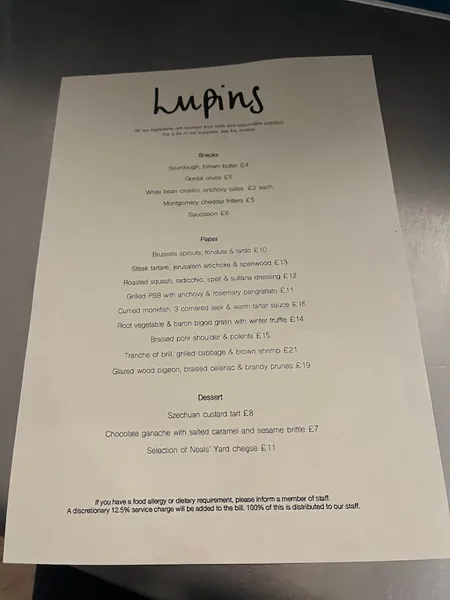 menu 1 of Lupins