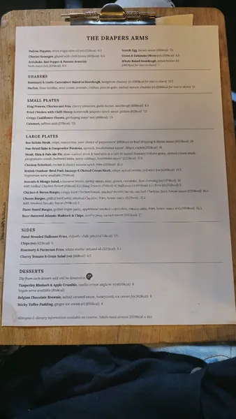 menu 0 of The Drapers Arms