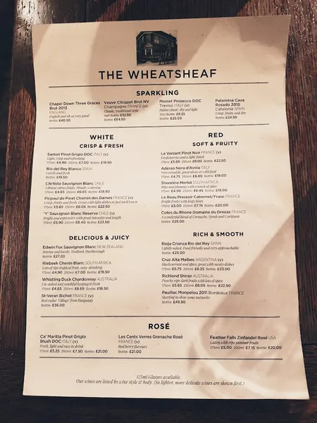 menu 1 of The Wheatsheaf, Ealing