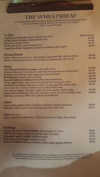 menu 2 of The Wheatsheaf, Ealing