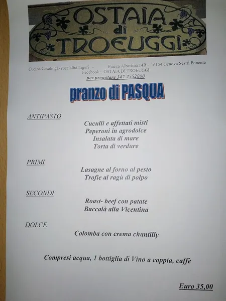 menu 2 of Ostaia Di Troeuggi Genova