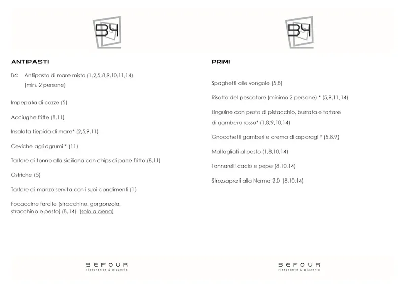 menu 0 of B4 Befour ristorante & pizzeria