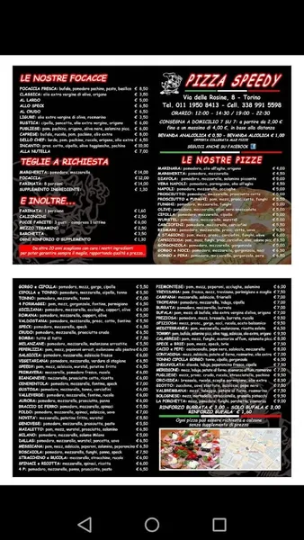 menu 2 of Pizza Speedy Consegne A Domicilio