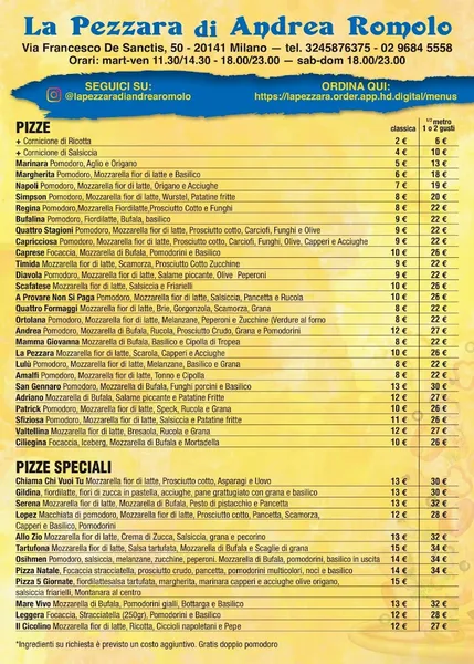 menu 0 of La Pezzara di Andrea Romolo dal 1994