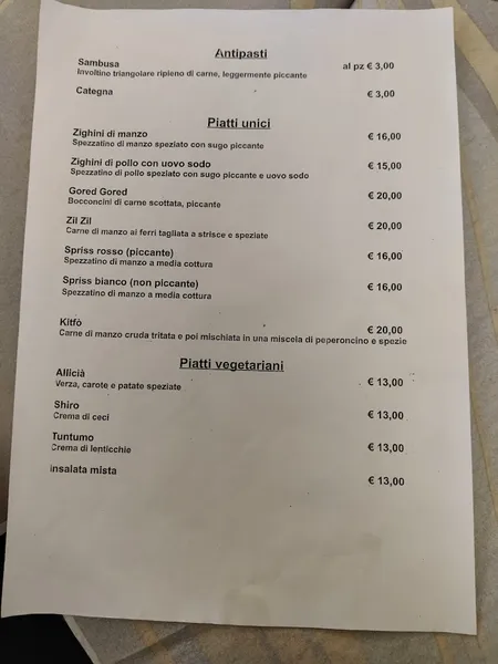 menu 0 of Ristorante Eritrea e Etiope Pizzeria Abissinia