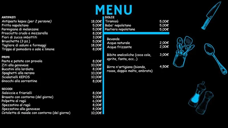 menu 0 of kepos trattoria napoletana