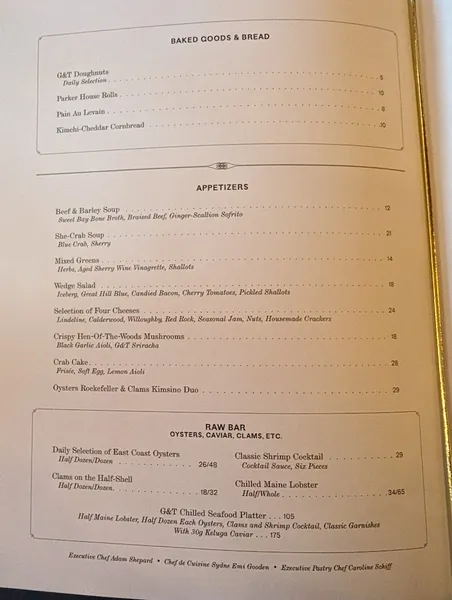 menu 1 of Gage & Tollner