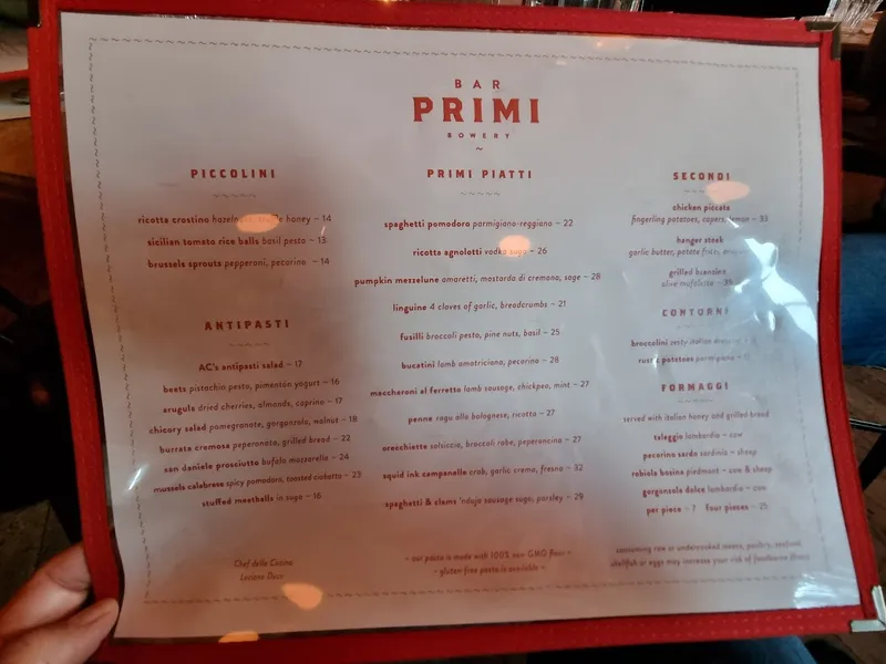 menu 2 of Bar Primi