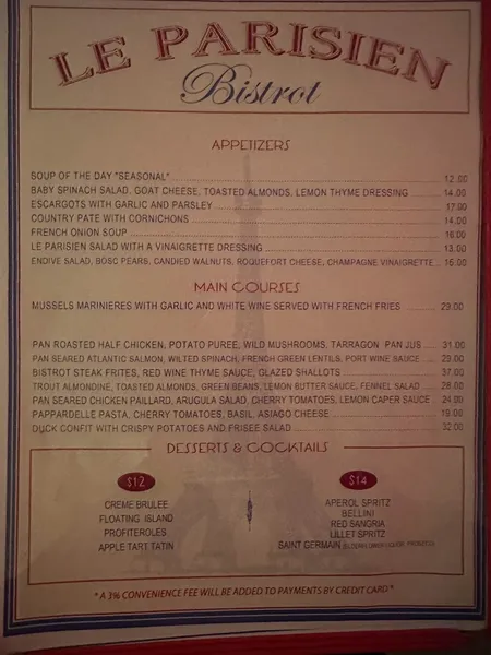 menu 1 of Le Parisien Bistrot