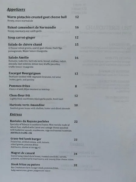 menu 2 of Amelie UWS