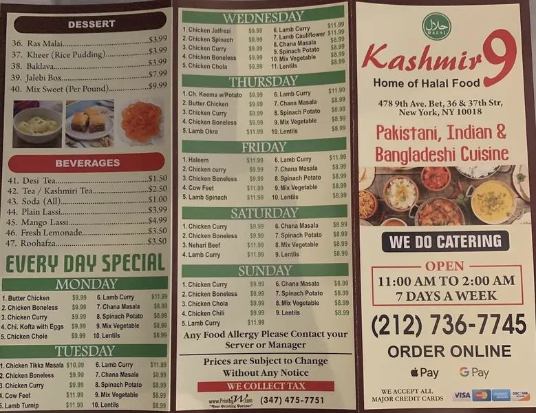 menu 0 of Kashmir9 of Pakistan & India BangladeshHalal cuisine