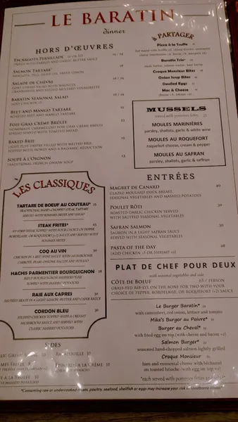 menu 1 of Le Baratin